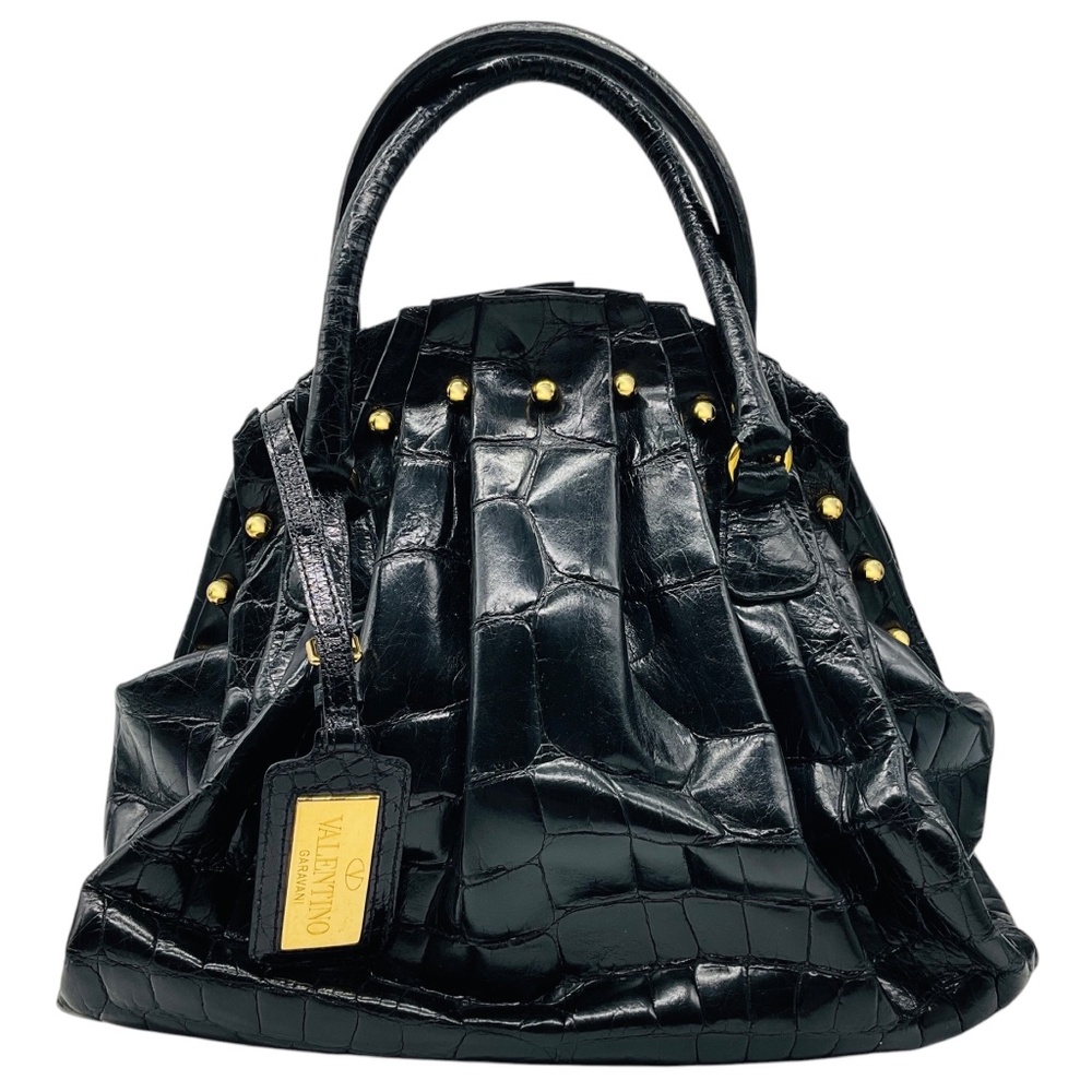 VALENTINO BLACK / GOLD HARDWARE STUDDED CROCODILE SKIN LEATHER SATCHEL HANDBAG